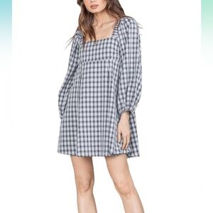 Reverof Square Neck Balloon Sleeve Black White Plaid Baby Doll Mini Dress Size L